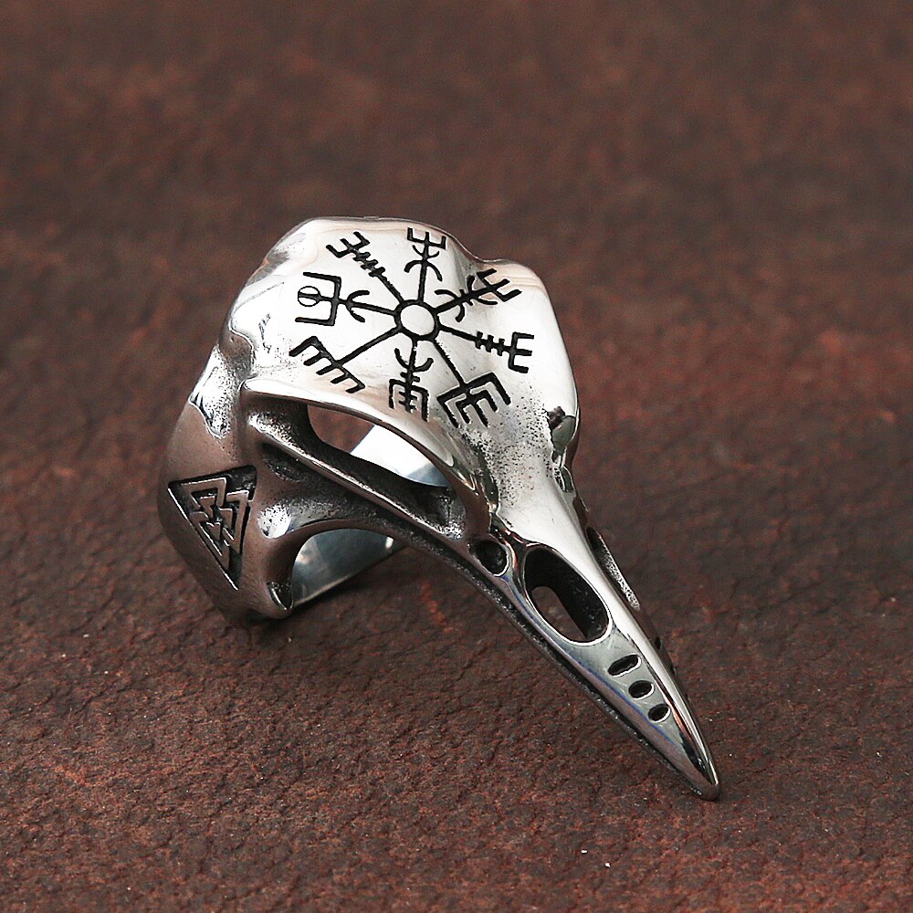 Vintage Odin Crow Skull Men&#39;s Ring Gothic Stainless Steel Compass Rings For Men Viking Accessories Valknut Ring Amulet Pattern