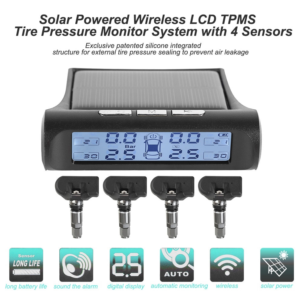 Solar Power Car TPMS Automobiles Tyre Tire Pressure Monitoring System with 4 External Internal Sensor
