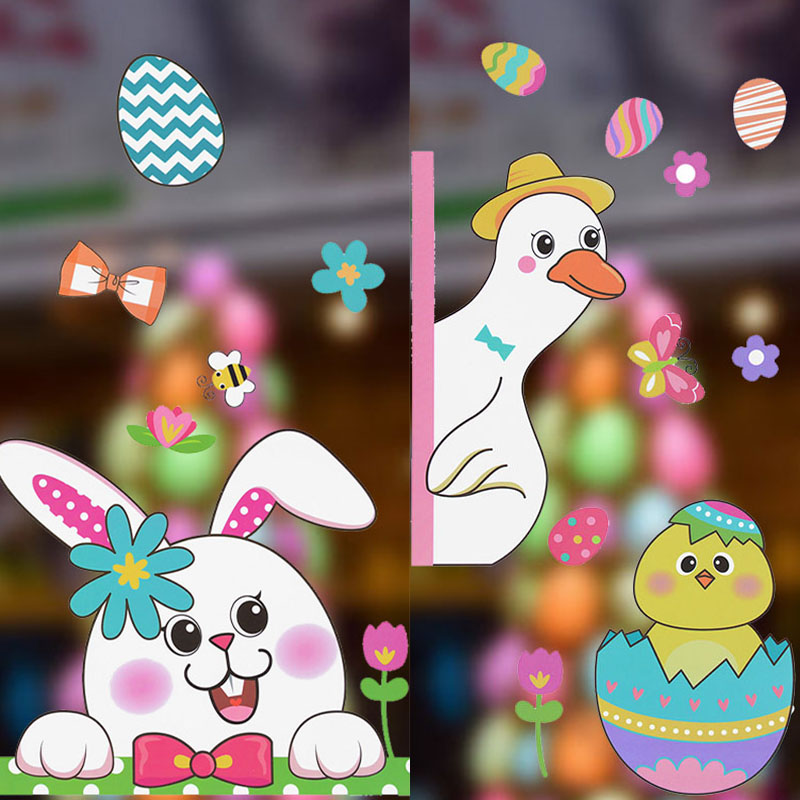 1pc Happy Easter Glass Window Stickers Colorful Bunny Eggs Carrot Wall Sticker Easter Decor For Home Kids Room Wall Decor