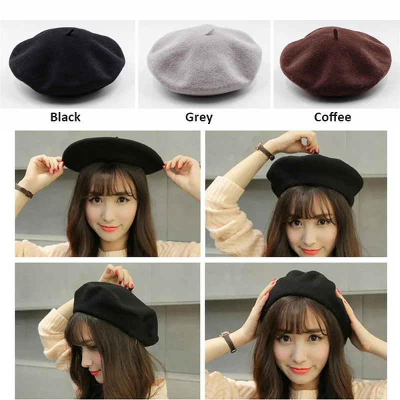Kobiety Dziewczyny Beret Francuskie wełniane czapki Ciepła zimowa czapka Berety Vintage Berety w jednolitym kolorze Eleganckie damskie czapki zimowe Czapki