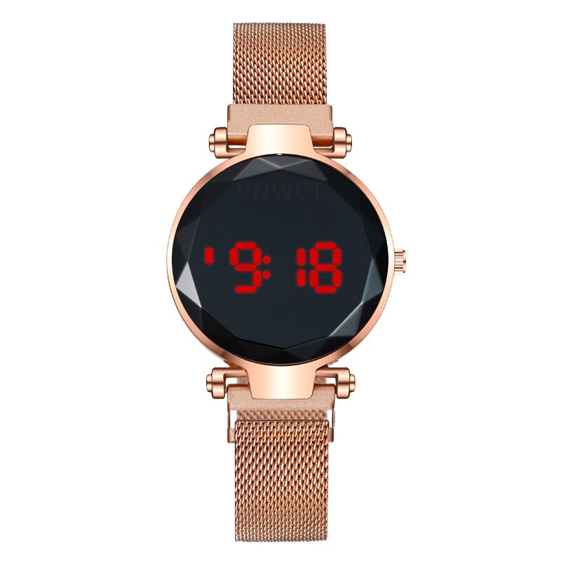 Reloj con imán y pantalla táctil LED para mujer, cronógrafo con correa Milanesa, redondo e informal, para estudiantes: Rosa