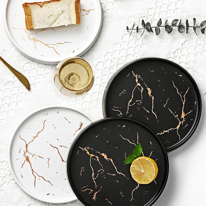 Abendessen Platte Gold Inlay Marmor Geschirr Einzigartige matt Schwarz und Weiß Geschirr einstellen hoch-Ende Platte Erzähler Geschirr