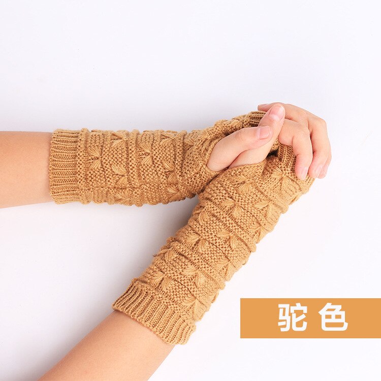 Women Thickened Gloves Knitted Woolen Arm Warm Autumn Winter Half Finger Sleeves Arms Hand Cover Solid Color: Red