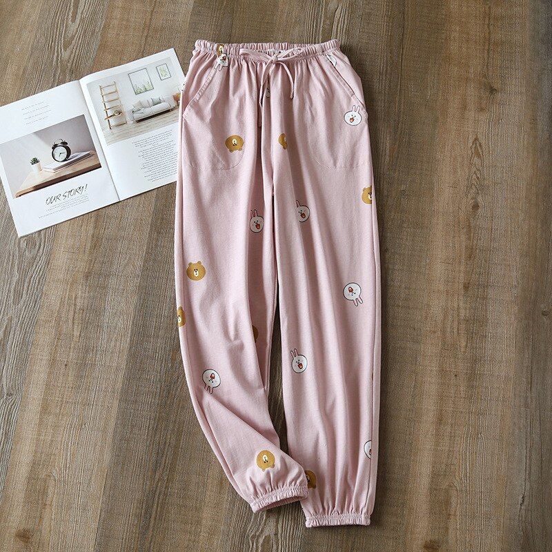 Spring Autumn Sleep Bottoms Korean Style Madam Summer Thin Cotton Loose Comfortable Home Women Night Trousers Sweet Print брюки: pink / XL