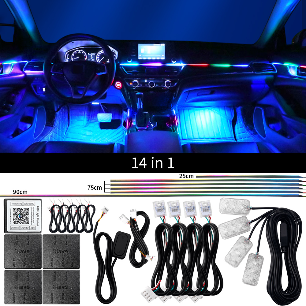 18 in 1 Dual Zone Symphony Streamer Car Ambient Light Interior LED Full Color RGB Neon Acrylic Strip Atmosphere Lighting Kit App: 6000K Cold White