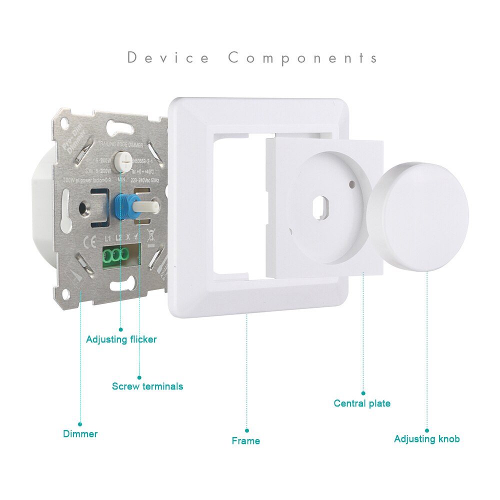 Wall Mounted LED Dimmer 2-Way On/Off Rotary Switch Adjustable 0-100% 220-240V Rotary Dimmable for Led Bulb Ceiling Light 50/60Hz