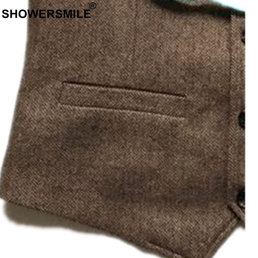 SHOWERSMILE Vintage Tweed Vest Herringbone Striped Suit Vest Light Brown Waistcoat Vest Slim Fit Sleeveless Jacket Gilet Homme