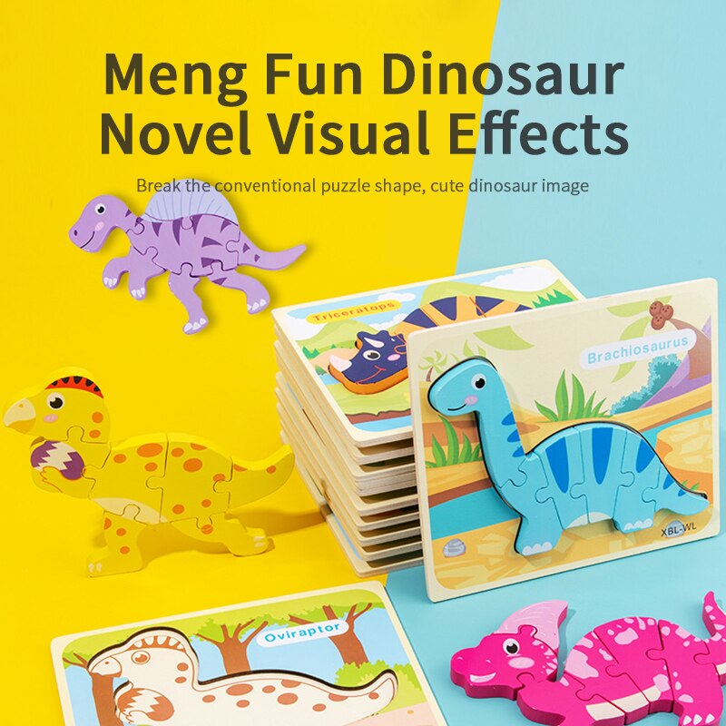 Let'S Make 1PC Montessori Toys Wooden Dinosaur Puzzle Cartoon Early Educational Baby Toy Wood Puzzle Toys