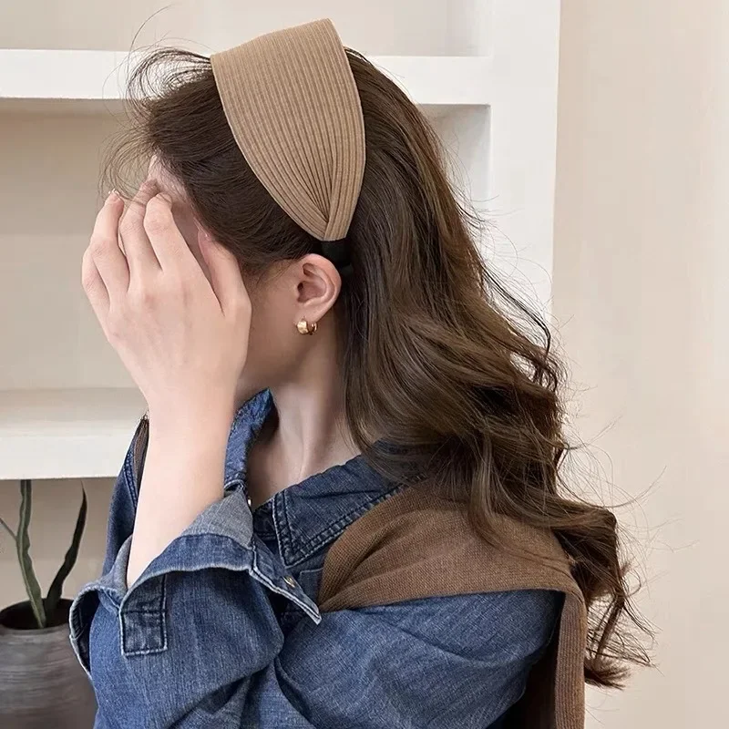 Mjuka, breda stickade hårband i bomull för kvinnor och flickor, koreansk, neutral, enfärgad turban med tänder, huvudband, huvudbonadsaccessoarer