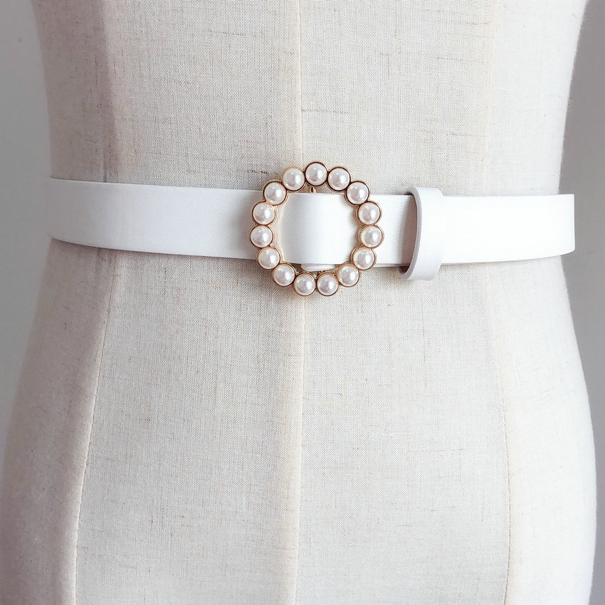 Pearl round pin buckle women simple ladies trend leather belt for women's youth brand belt
