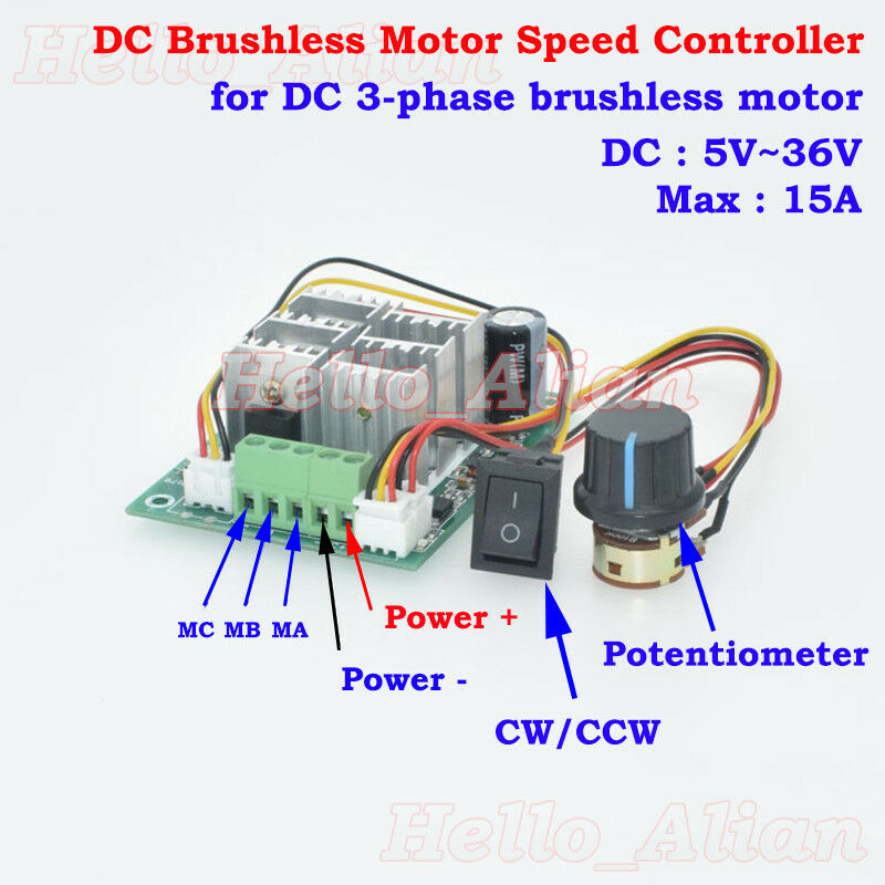 15A DC 5V-36V 12V 24V hho pwm three phase Brushless Motor Controller Driver 0-100% speed Reversible Switch