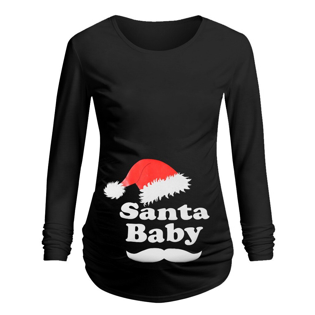 T-shirt de noël | Vêtement à manches longues, avec lettres imprimées, de grossesse, #40: Black / XL