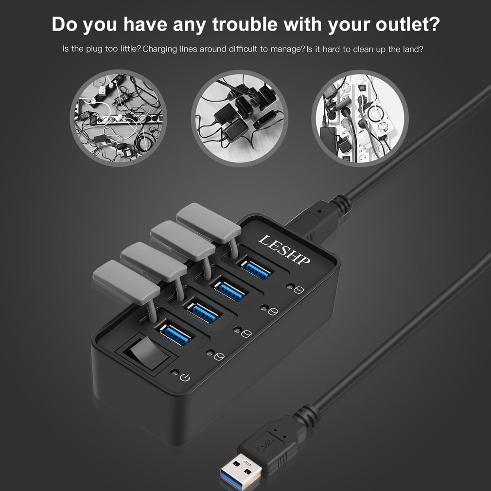 4 Poorts Usb 3.0 Hub High Speed 5Gbps Usb 3.0 Data Hub Splitter Met Leds & Switch Externe Power adapter Voor Pc Laptop