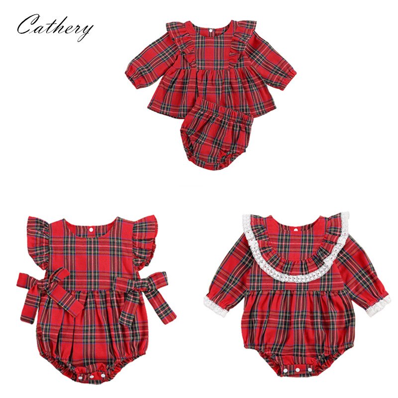 Cathery spædbarn baby piger julebukser rød plaid bodysuit kjole småbørn børn flæseærmer fest legetøj outfit tøj