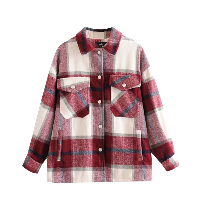 Vadim women oversized plaid jacket long sleeve pockets loose style coats female office wear casual basic tops CA624: red plaid / M