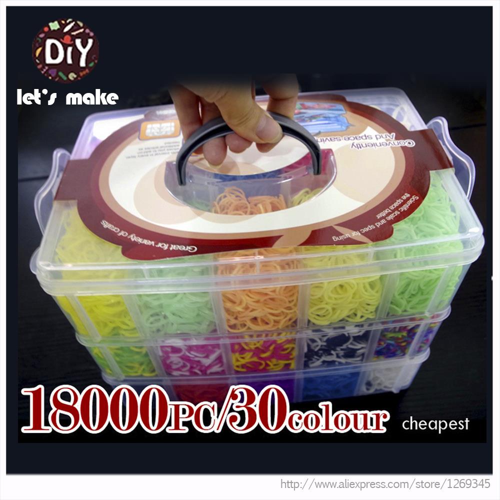 Laten we 18000 stuks Rubber Fun Loom Bands Kit Kids DIY Gom Armbanden 3 Layer PVC DOOS familie Weefgetouw Kit Set