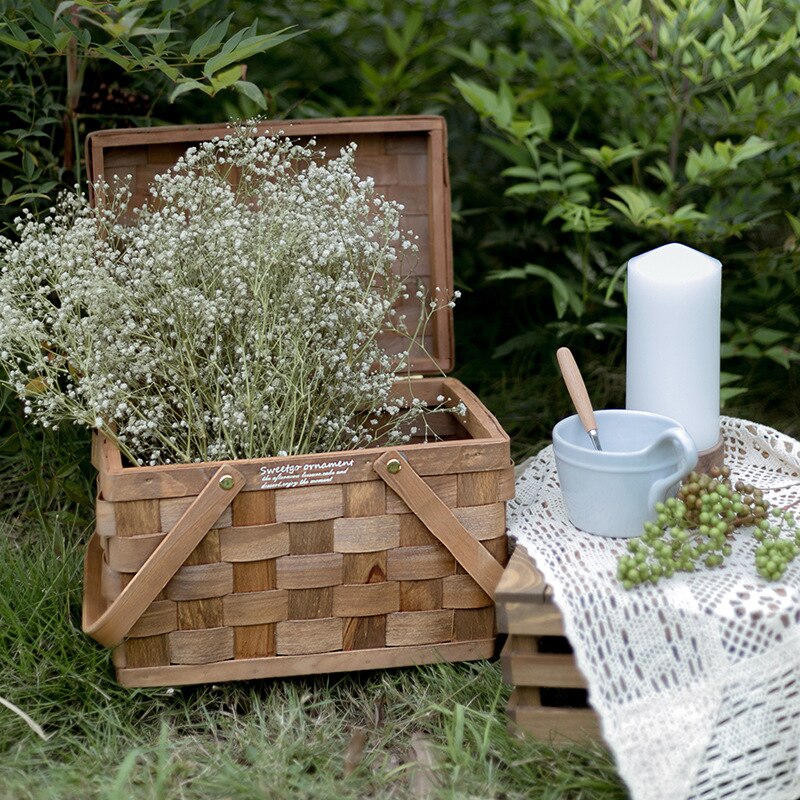 Cutelife hushållsvävt trä picknickkorg naturliga kläder leksaksförvaringskorg trädgård blomma frukt brödpåse korg dekoration