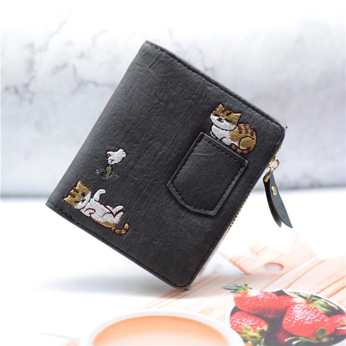 Wallet Women Bird Embroidery Portefeuille Femme Zipper Hasp Short Purse Leather Card Holder Green Blue Pink Black Women Wallets
