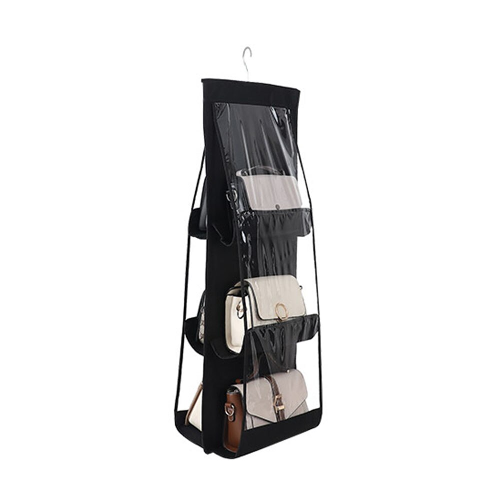 Hanging Storage Bag 6/8 Pocket Purse Handbag Tote Bag Storage Organizer Hanger Double Sides Hanging Storage Bag Wardrobe Closet: black / 6 Pockets