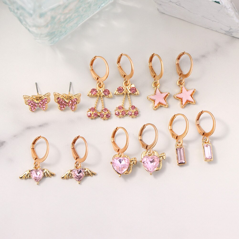 JUST FEEL 4Pcs/set Shiny Heart Crystal Earrings Female Multicolor Butterfly Cherry Earring Sets Statement Jewelry: 154501PK