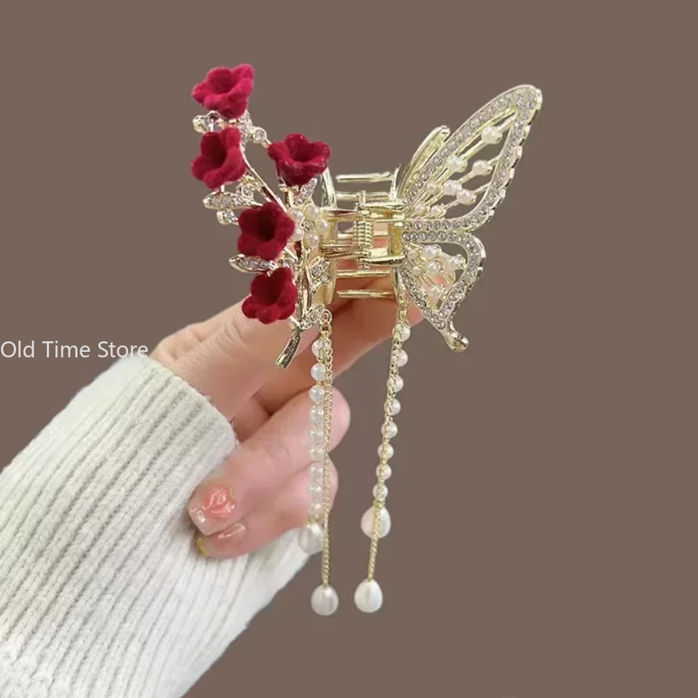 Pinza para el pelo con borlas de mariposa y perlas, horquilla para Festival de flores rojas para niñas, pinzas para el pelo con cola de caballo, accesorios de para mujeres y cangrejos,