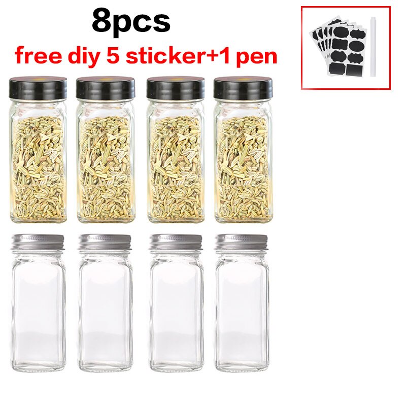 Kitchen Four Square Glass Jar Lid Seasoning Box Barbecue Seasoning Jar Seasoning Jar Pepper Bottle Chicken Essence Seasoning Jar: 8pcs