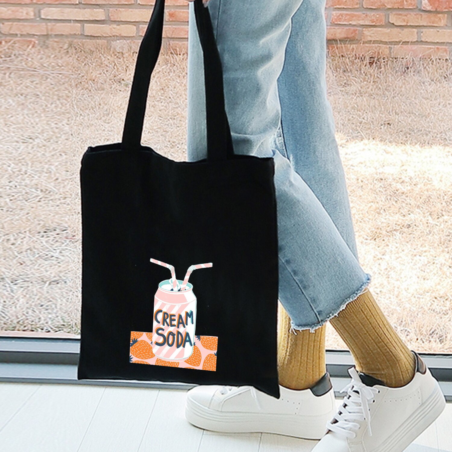 Eenvoudige Print Patroon Boodschappentas Zonder Voering Vrouwen Casual Katoenen Canvas Winkelen Schoudertassen Tassen Eco Herbruikbare: R326BLACK