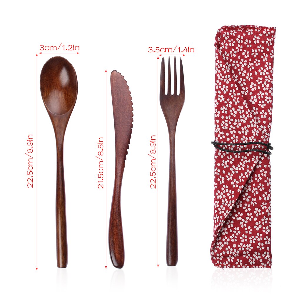 1 SET Pack Tea Scoops Desserts Fruits Serving Travel Dinnerware Suit Spoon Fork Portable Tableware Wooden Cutlery Sets Cloth Bag