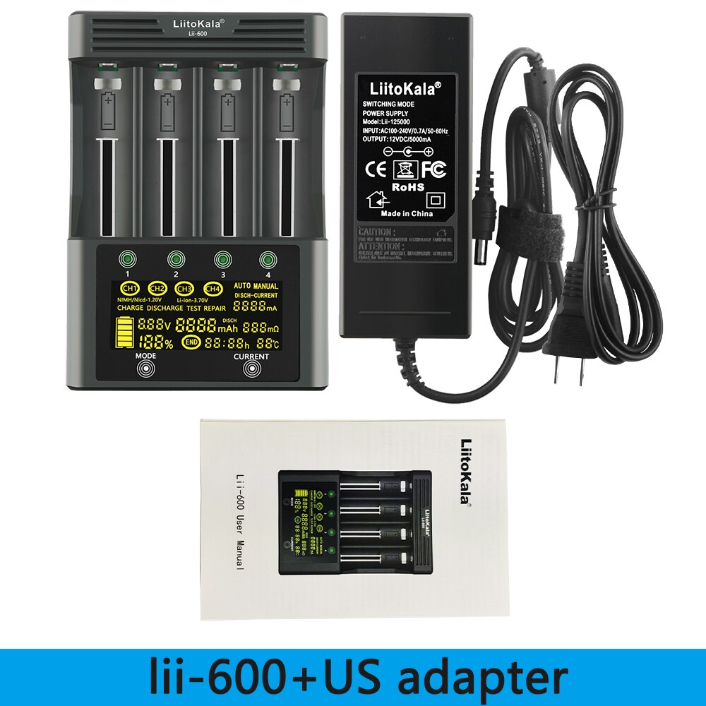 LiitoKala Lii-600 Battery Charger For Li-ion 3.7V and NiMH 1.2V battery Suitable for 18650 26650 21700 26700 AA AAA12V5A adapter: US-Lii-600 no car