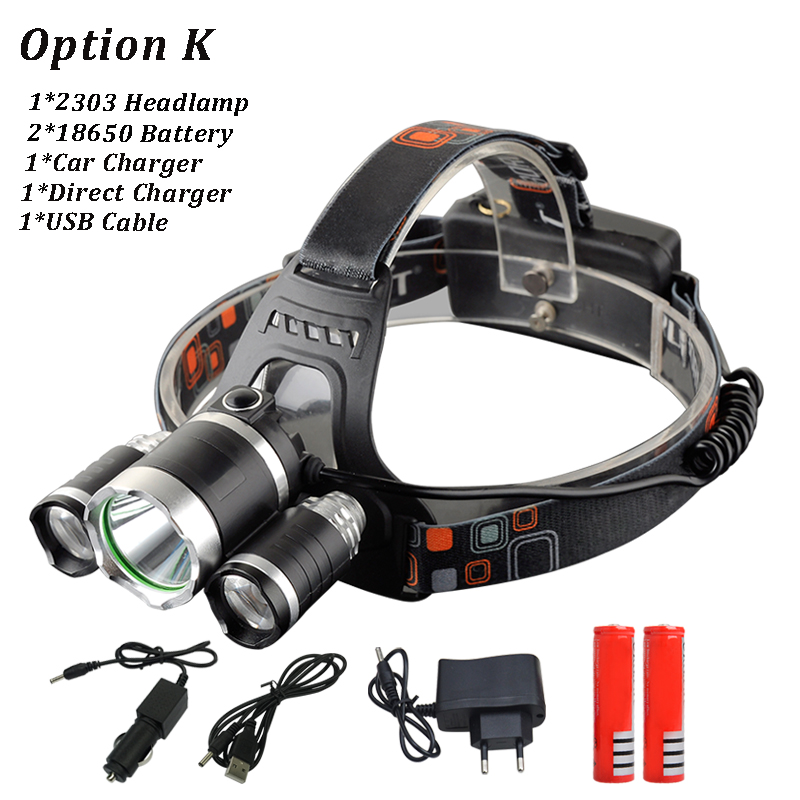 6000 Lumen Koplamp 5 * Led T6 Koplamp 4 Mode Koplamp Oplaadbare Head Lamp Zaklamp + 2*18650 Batterij + Ac/Dc Lader: option K