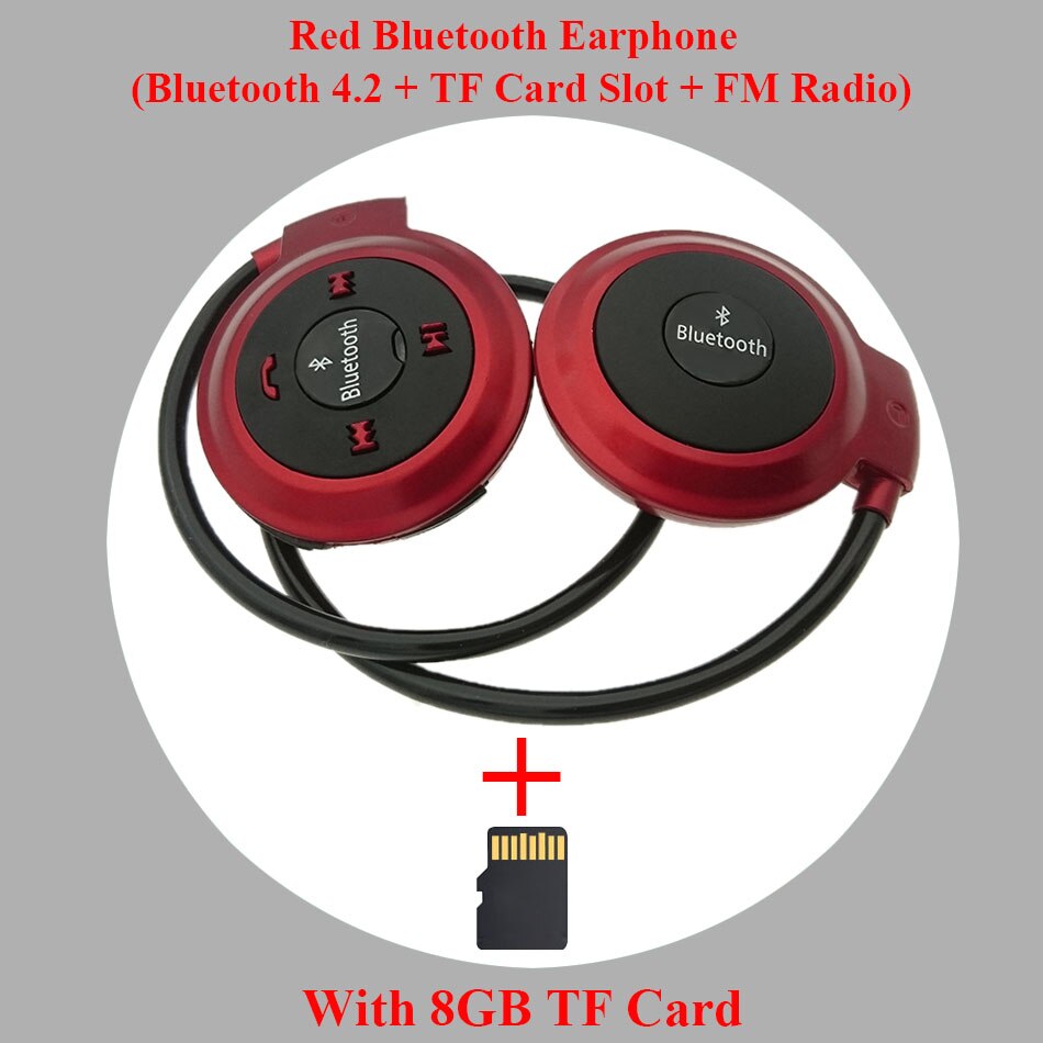 HOMEBARL 3D Mini 503 Mini503 Bluetooth 4.2 FM Headset Sport Wireless Headphones Music Stereo Earphones + 8GB 16GB Micro SD Card: Red Add 8GB Card