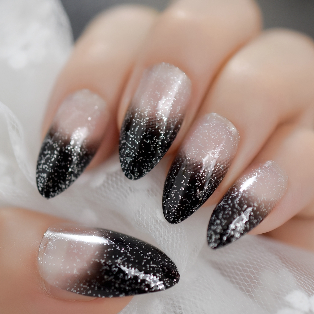 Zwart Ombre Franse Nagels Sharp Ending Acryl Nail Tips Glitter Gel Cover Gradiënt Wees Nagels Valse met Lijm Tabs: L5108