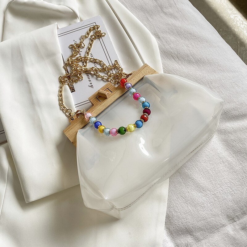 Transparent Jelly Tote bag Summer High PVC Women's Handbag Chain Shoulder Messenger Bag Travel Bag: 25 CM White