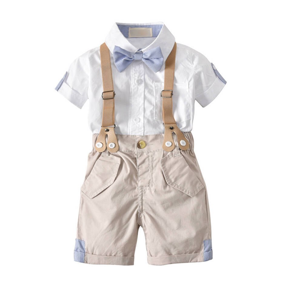Baby Kleding Set Baby Bruiloft Gentleman Outfit Jongens Verjaardagsfeestje Jarretel Boog Party Suits Korte Mouw Tops + Shorts 2 stuks