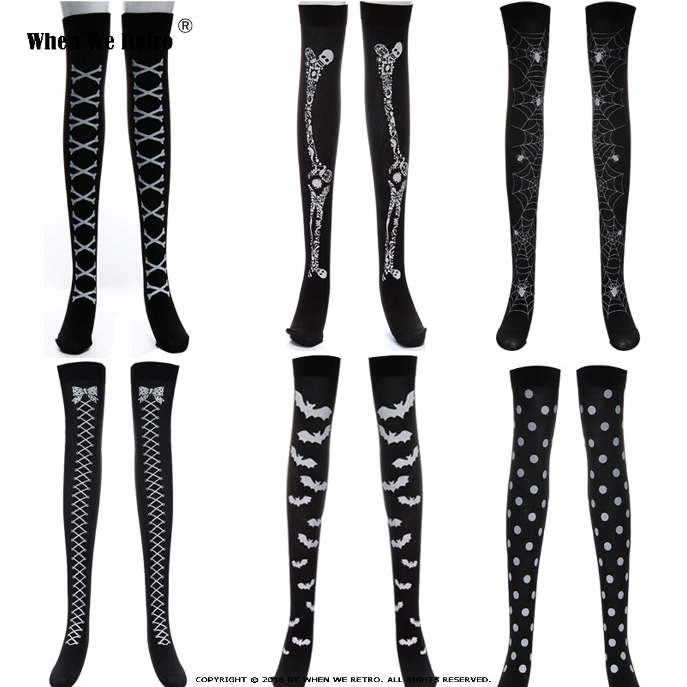 Wanneer we retro halloween skelet lange kniekousen kostuum vleermuis stippen print halloween cosplay zachte kous  qy0602