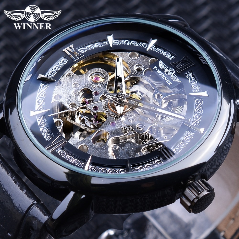 Winnaar Volledig Zwart Horloges Retra Bloem Skeleton Klok Mannen Automatische Horloges Top Luxurty Lichtgevende Handen