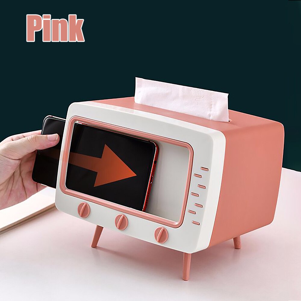TV Tissue Box Desktop Tissue Paper Organiser Box Dispenser Storage Home Office Napkin Holder With Mobile Phone Stand: pink