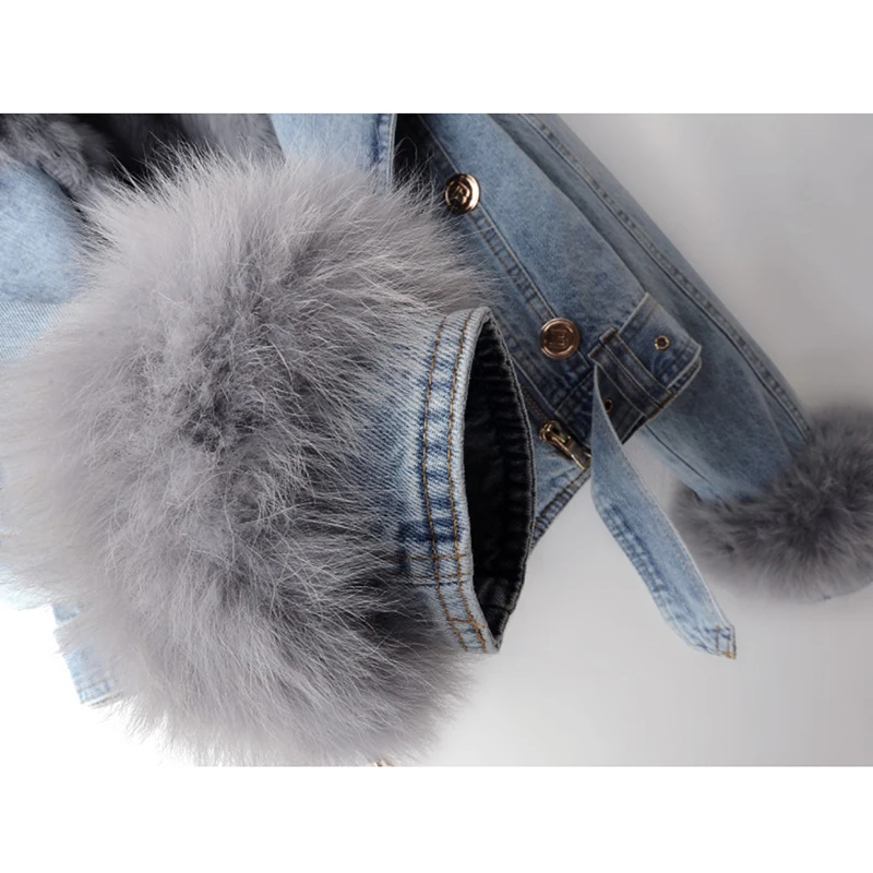 Vinter naturlig revepels krage kaninpelsfôr denimjakke dame cowboy ytterjakke løs kort glidelås jeansjakke frakk dame