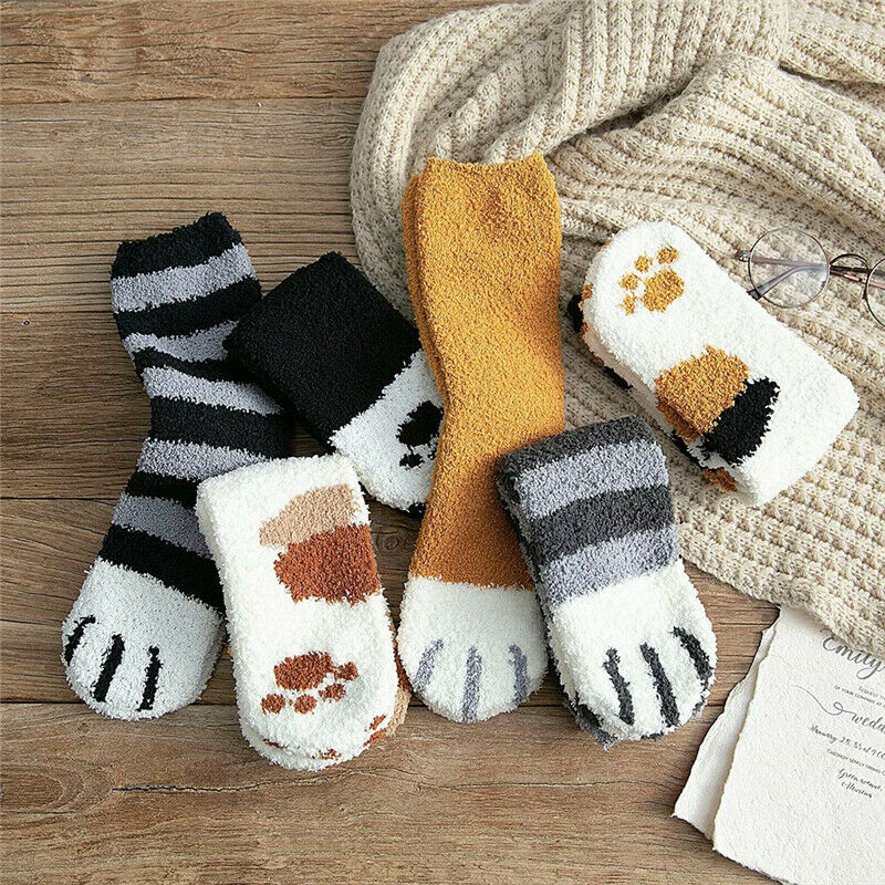 Calentadores de la pierna del bebé invierno Bebé niñas adorable garra de gato grueso cálido dormir calcetines de lana de Coral de Patchwork de impresión