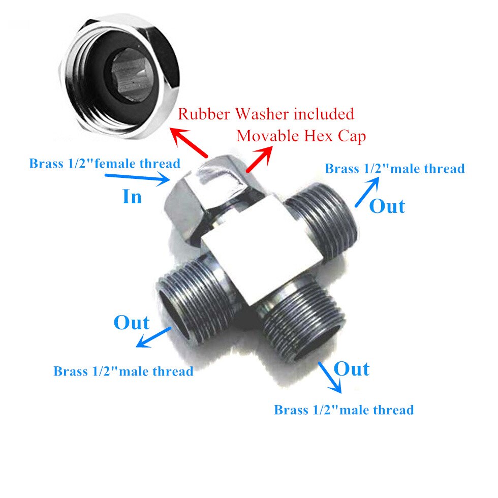 G1/2" Diverter Valve Brass T-adapter Valve 4-way Cross Connector for Angle Valve Handheld Bidet and Sprayer Shower Diverter