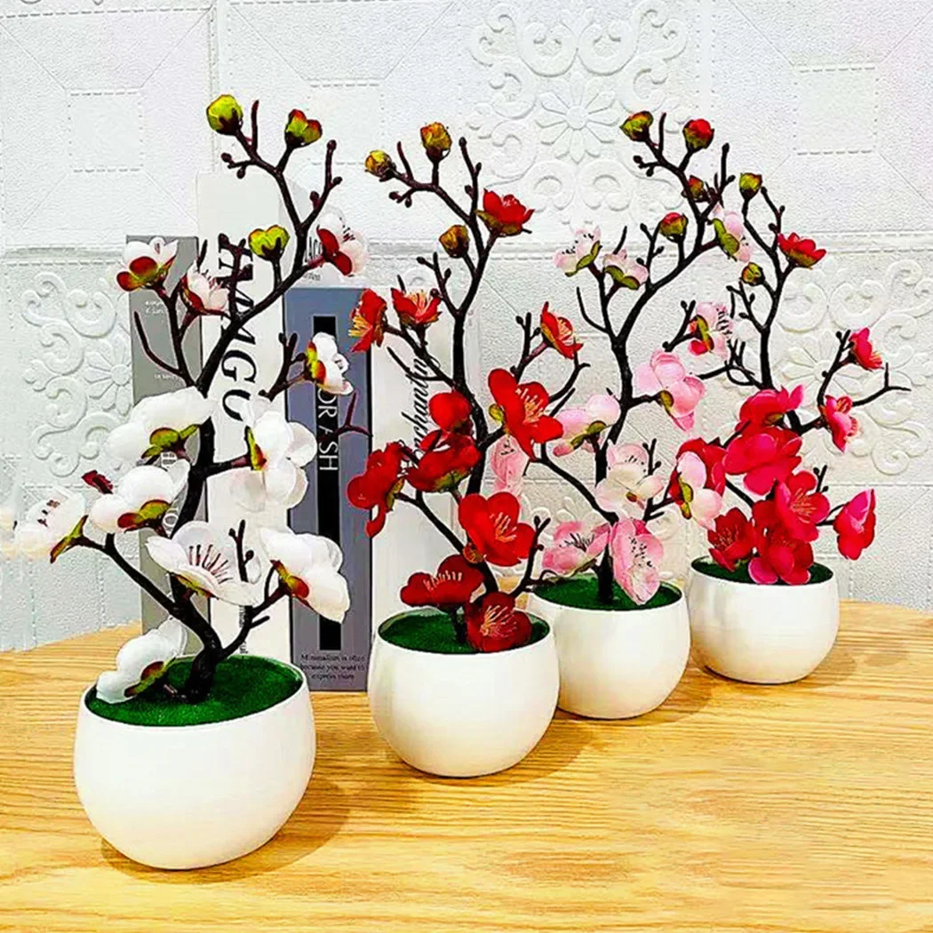 Plantes artificielles en pot 30x11cm, Simulation de bonsaï, fleur de prunier en soie, décoration de maison et de bureau, branche de fleur de prunier pour mariage ﻿