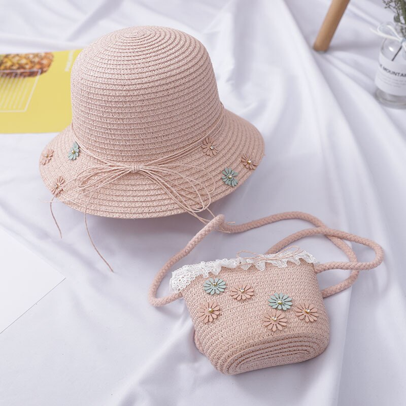 Cute Girls Beach Bucket Breathable Cap Straw Sun Hat+Shoulder Handbag Bag Set