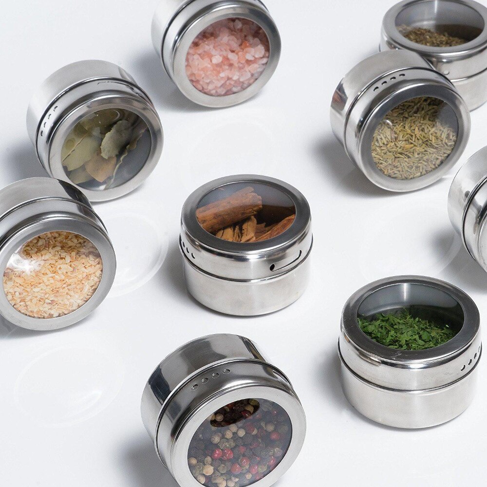 12pcs/set Clear Lid Magnetic Spice Tin Jar Stainless Steel Spice Sauce Storage Container Jars Kitchen Condiment Holder Houseware