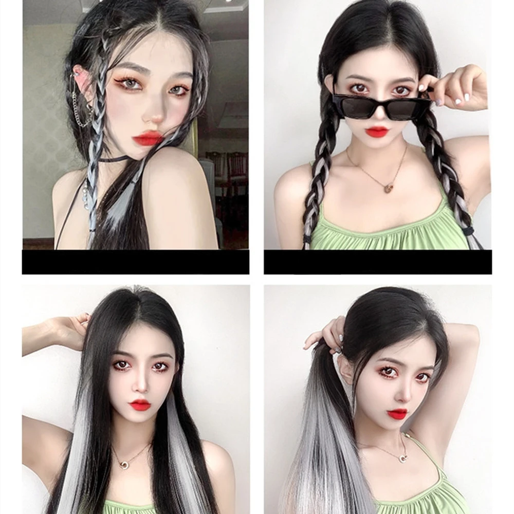 60cm postizo horquilla extensión de cabello Clip en postizo largo recto colgante oreja peluca Clip extensiones de cabello sintético Accesorios