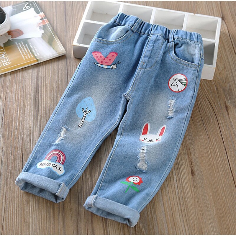 Children's jeans spring autumn baby girls jeans children Bunny cartoon pattern pants Hole jeans kid casual pants retail 3-8T