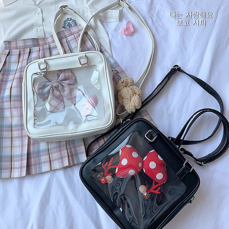 Japanses mochila feminina quadrada itabag, bolsa de couro pu de 3 saídas, mochila escolar feminina kawaii, saco transparente para ita de compras