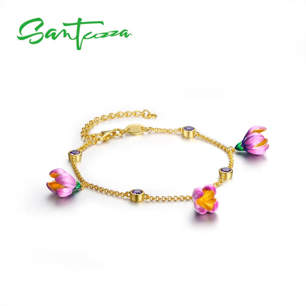 )Zza bracciale in argento per donna argento Sterling 925 elegante fiore rosa regolabile Color oro gioielleria raffinata smalto fatto a mano