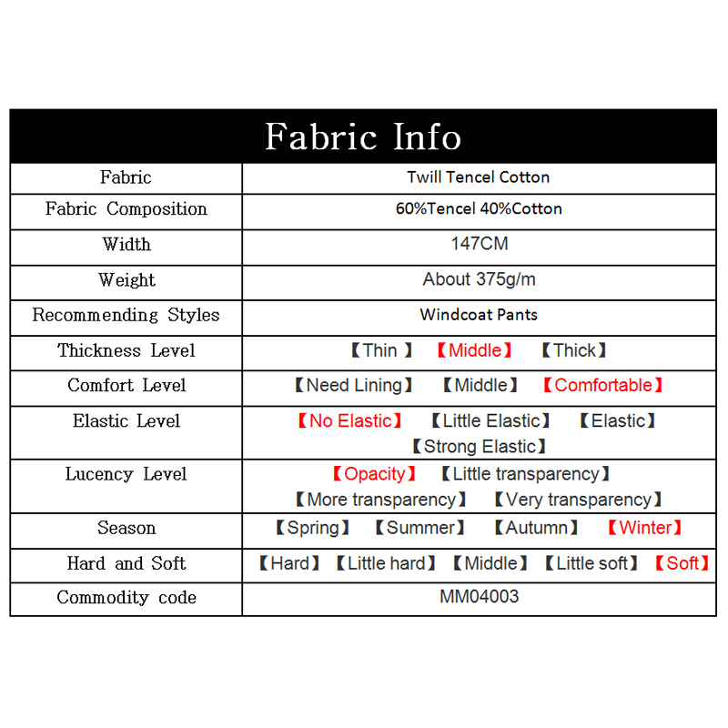 The Cloth 375g/m weight Soft Twill Tencel Cotton Fabrics Materials Autumn Women Windcoat Pants Sewing Cloth