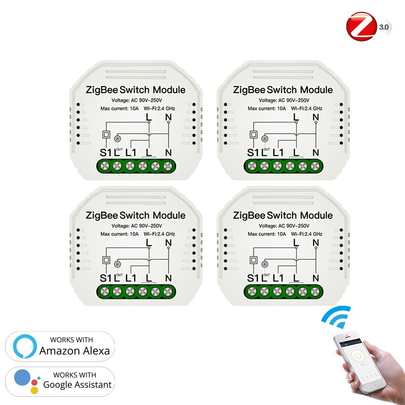 Tuya zigbee 3.0 smart lyskontakt modul smart life / tuya trådløs fjernbetjening, arbejde med alexa google home til stemmestyring: 4 stk