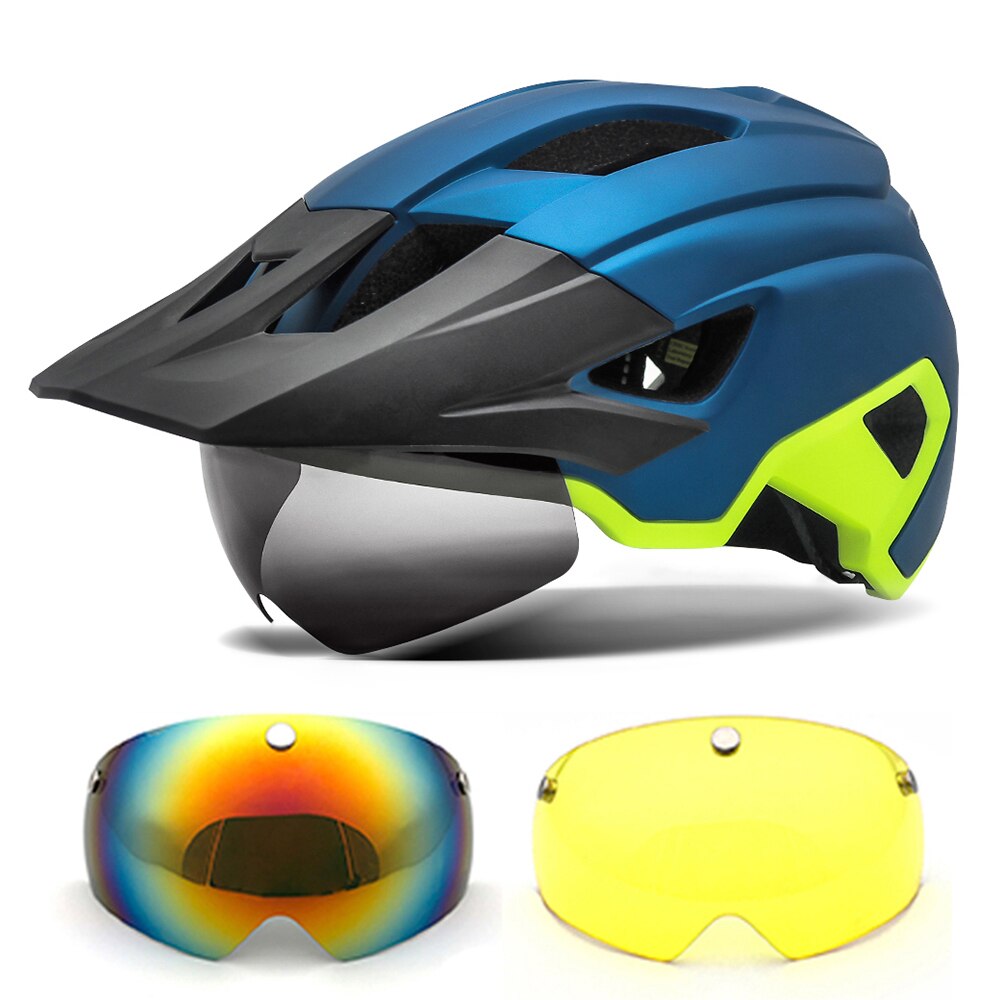 Mtb Helm Fietsen Mannen Vrouwen Rijden Met Achterlicht En Zonneklep Goggles Xc Weg Mountainbike Helmen Met Lens casco Ciclismo: Blue-2